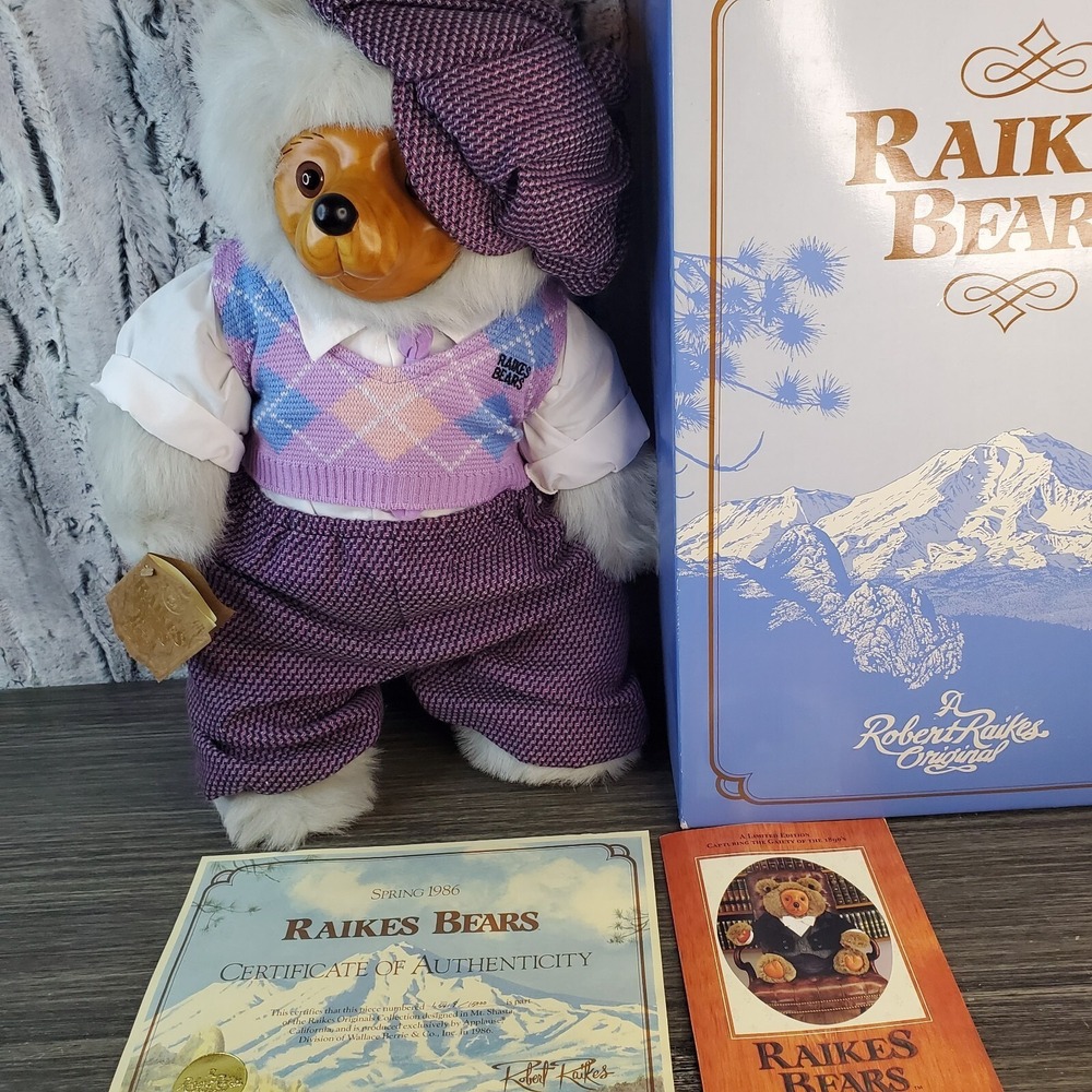 Vintage Robert Raikes BEARS Arnold Golfer Wooden Face‎ Teddy - Box and COA 1986